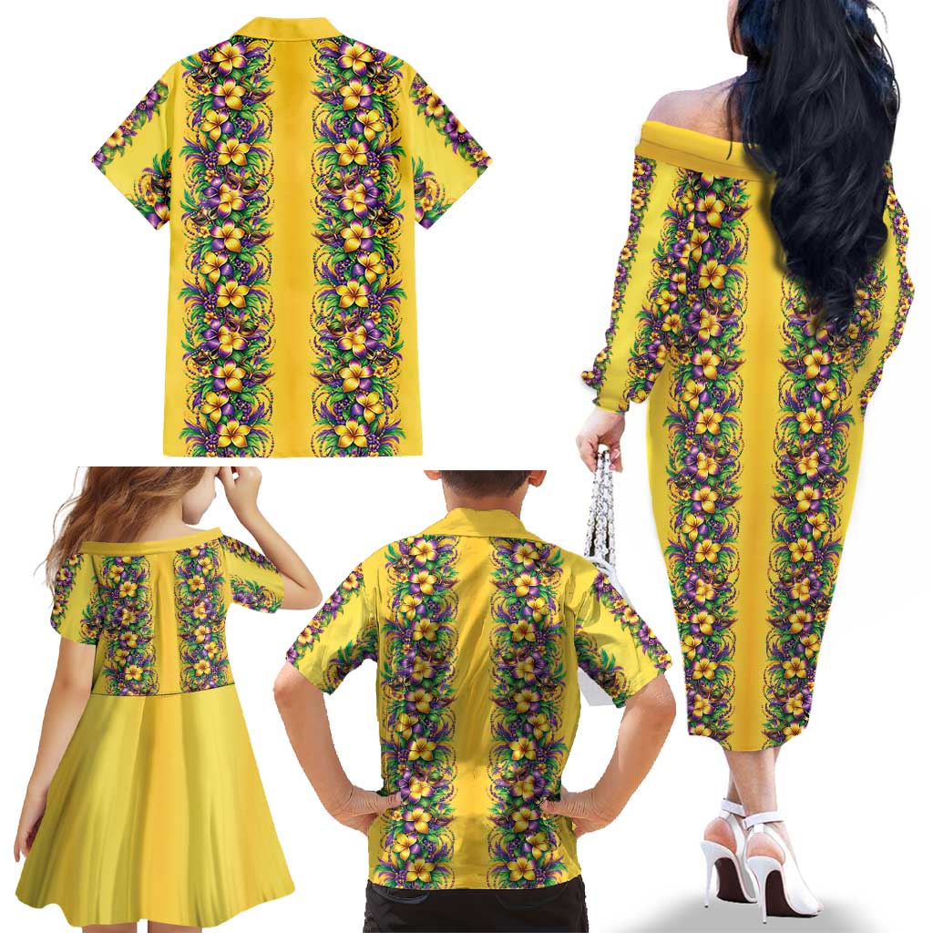 Aloha Hawaii Mardi Gras Family Matching Off The Shoulder Long Sleeve Dress and Hawaiian Shirt Gold Style LT05 - Polynesian Pride
