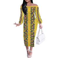 Aloha Hawaii Mardi Gras Family Matching Off The Shoulder Long Sleeve Dress and Hawaiian Shirt Gold Style LT05 Mom's Dress Gold - Polynesian Pride