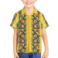 Aloha Hawaii Mardi Gras Family Matching Off The Shoulder Long Sleeve Dress and Hawaiian Shirt Gold Style LT05 Son's Shirt Gold - Polynesian Pride