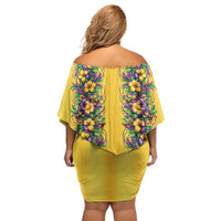 Aloha Hawaii Mardi Gras Family Matching Off Shoulder Short Dress and Hawaiian Shirt Gold Style