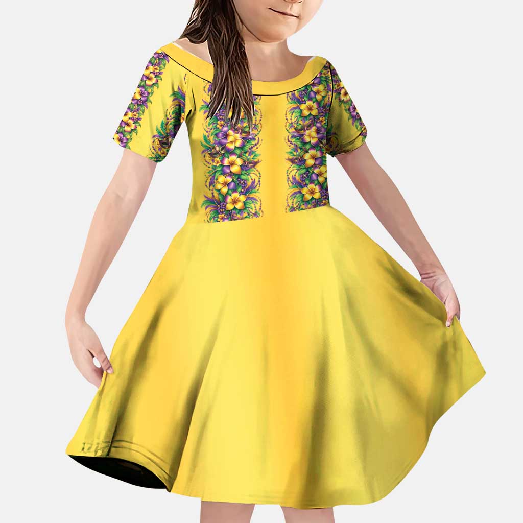 Aloha Hawaii Mardi Gras Family Matching Short Sleeve Bodycon Dress and Hawaiian Shirt Gold Style LT05 Daughter's Dress Gold - Polynesian Pride
