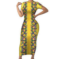 Aloha Hawaii Mardi Gras Family Matching Short Sleeve Bodycon Dress and Hawaiian Shirt Gold Style LT05 Mom's Dress Gold - Polynesian Pride