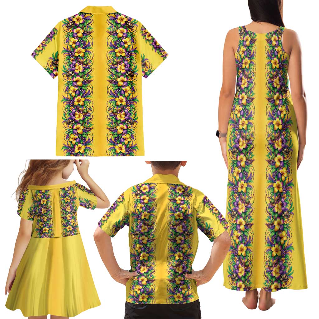Aloha Hawaii Mardi Gras Family Matching Tank Maxi Dress and Hawaiian Shirt Gold Style