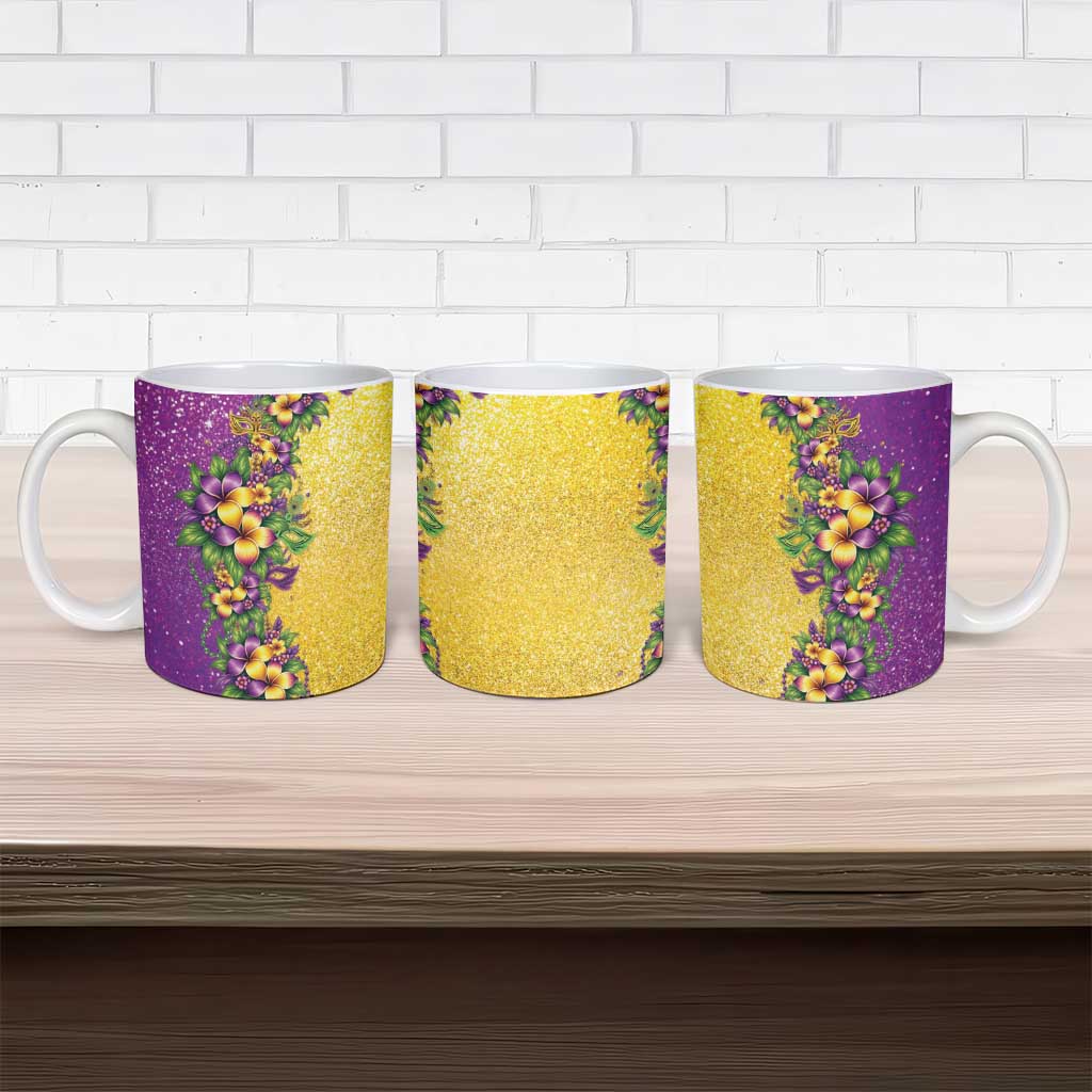 Hawaii Mardi Gras Ceramic Mug Plumeria Lei Beads Glitter Style