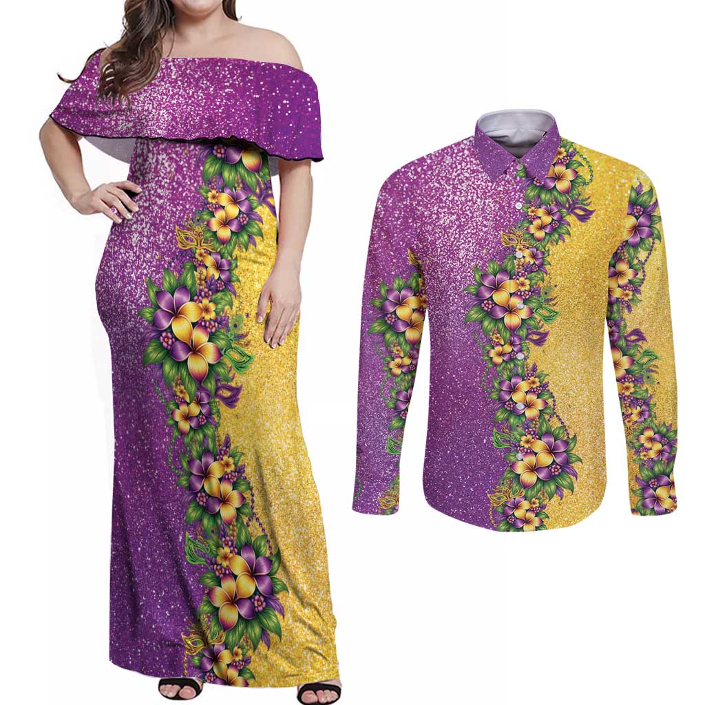 Hawaii Mardi Gras Couples Matching Off Shoulder Maxi Dress and Long Sleeve Button Shirt Plumeria Lei Beads Glitter Style