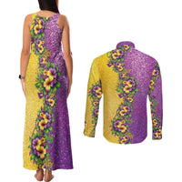 Hawaii Mardi Gras Couples Matching Tank Maxi Dress and Long Sleeve Button Shirt Plumeria Lei Beads Glitter Style