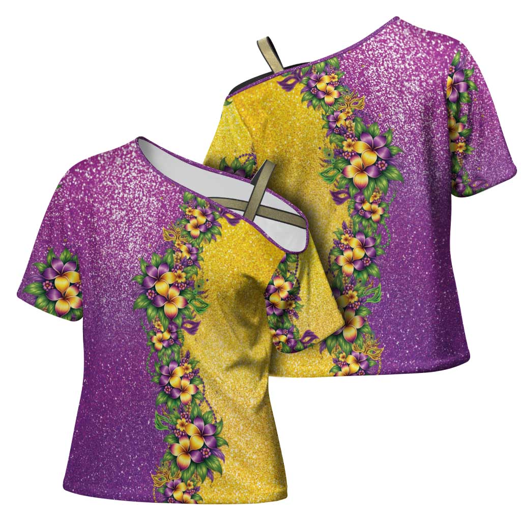 Hawaii Mardi Gras Cross Shoulder Shirt Plumeria Lei Beads Glitter Style