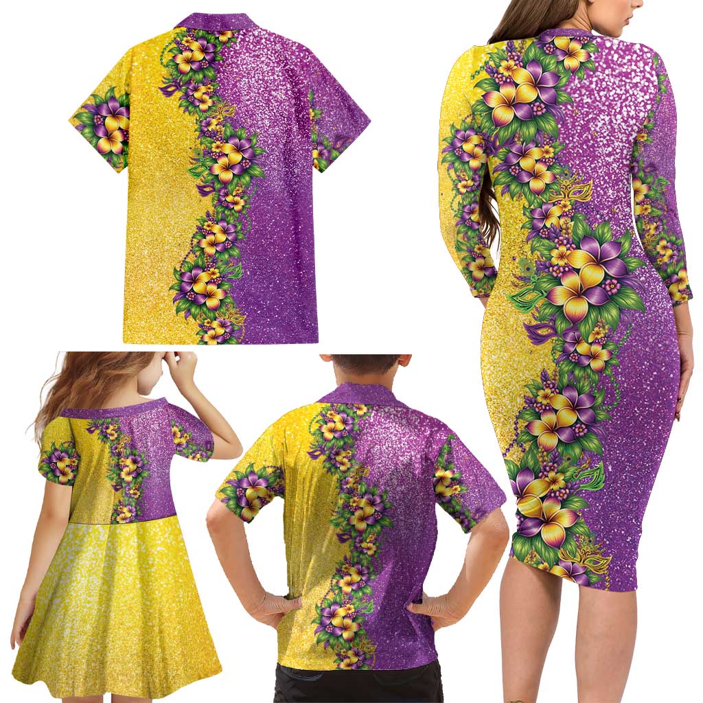 Hawaii Mardi Gras Family Matching Long Sleeve Bodycon Dress and Hawaiian Shirt Plumeria Lei Beads Glitter Style LT05 - Polynesian Pride