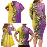 Hawaii Mardi Gras Family Matching Long Sleeve Bodycon Dress and Hawaiian Shirt Plumeria Lei Beads Glitter Style LT05 - Polynesian Pride