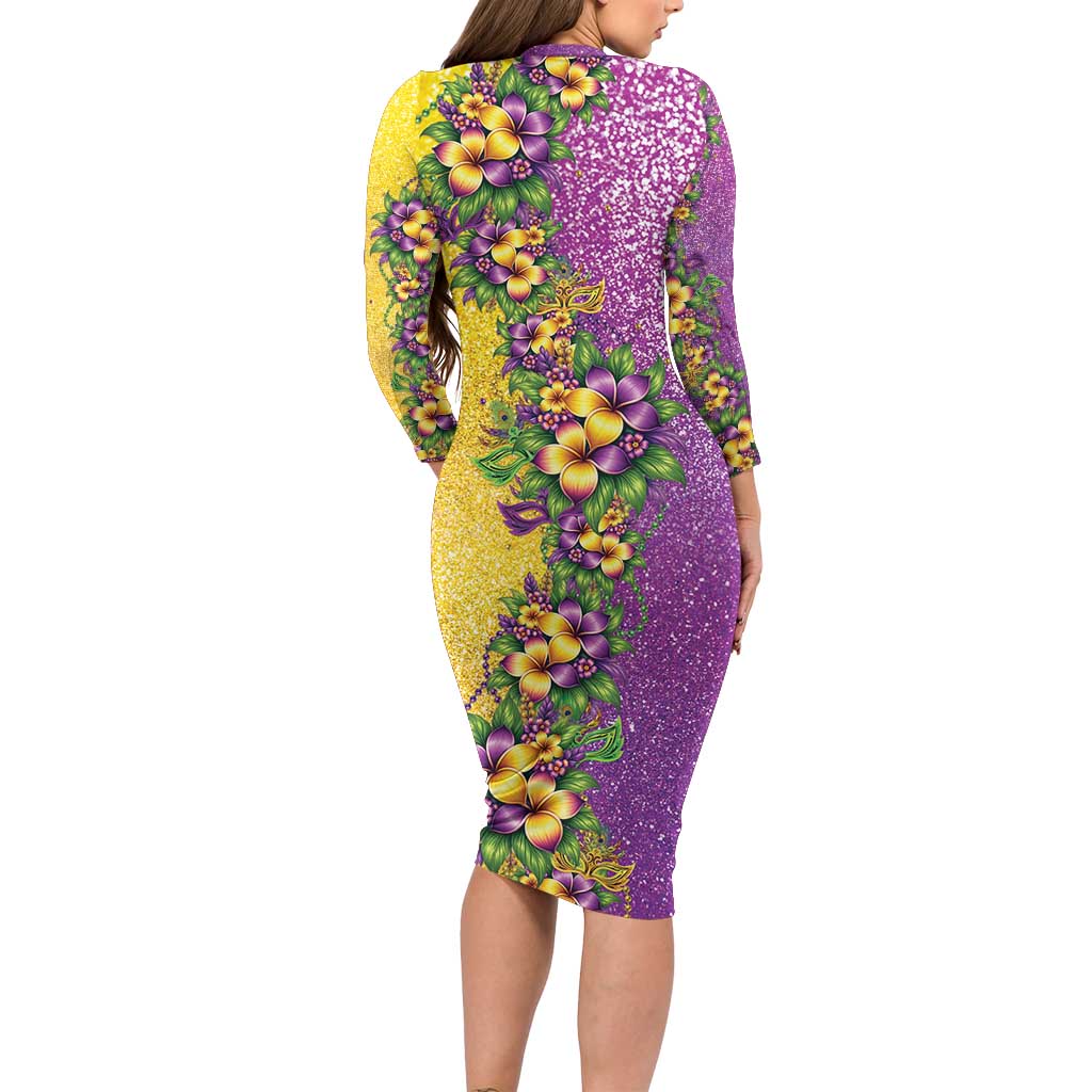 Hawaii Mardi Gras Family Matching Long Sleeve Bodycon Dress and Hawaiian Shirt Plumeria Lei Beads Glitter Style LT05 - Polynesian Pride