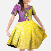 Hawaii Mardi Gras Family Matching Off The Shoulder Long Sleeve Dress and Hawaiian Shirt Plumeria Lei Beads Glitter Style LT05 Daughter's Dress Colorful - Polynesian Pride