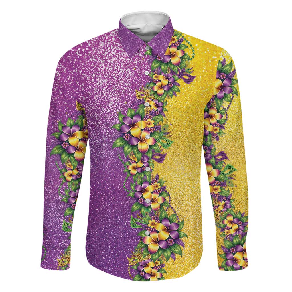 Hawaii Mardi Gras Family Matching Off The Shoulder Long Sleeve Dress and Hawaiian Shirt Plumeria Lei Beads Glitter Style LT05 Dad's Shirt - Long Sleeve Colorful - Polynesian Pride