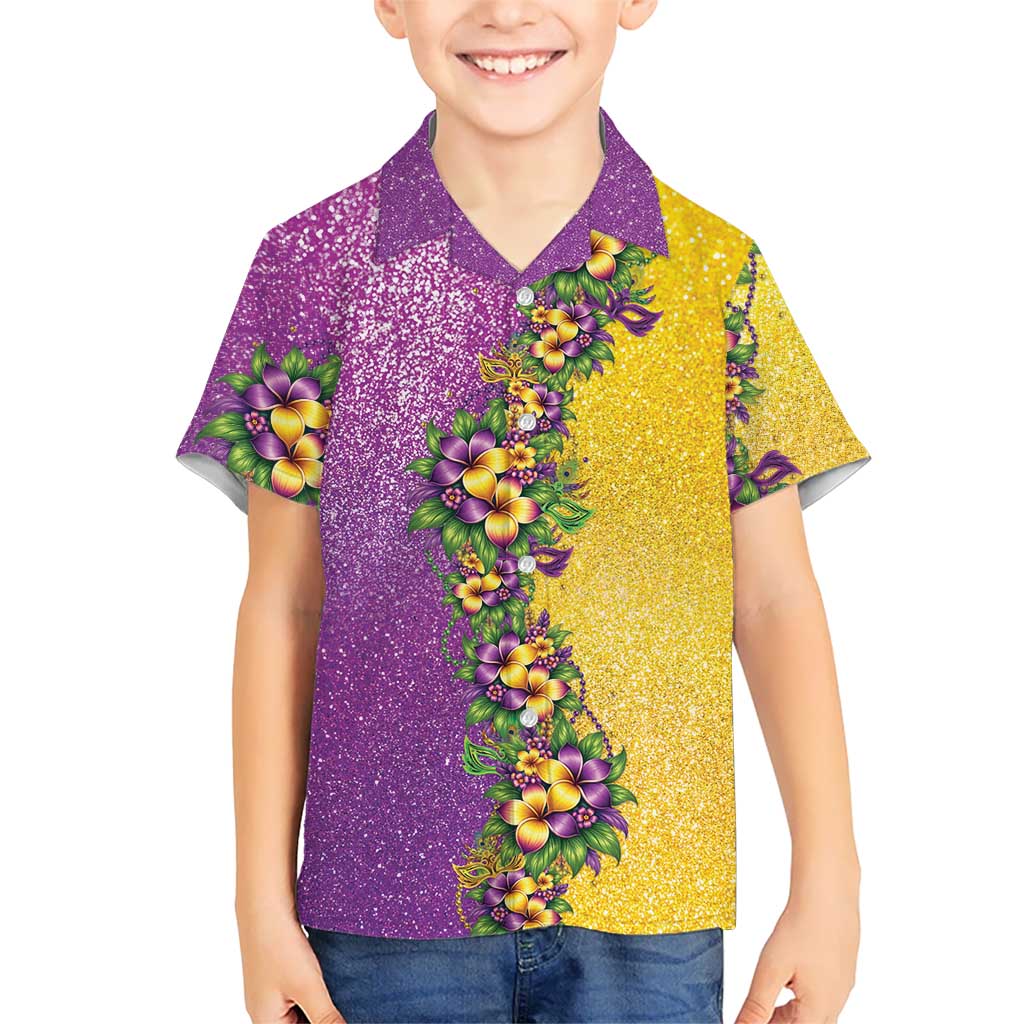Hawaii Mardi Gras Family Matching Off The Shoulder Long Sleeve Dress and Hawaiian Shirt Plumeria Lei Beads Glitter Style LT05 Son's Shirt Colorful - Polynesian Pride