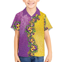 Hawaii Mardi Gras Family Matching Off The Shoulder Long Sleeve Dress and Hawaiian Shirt Plumeria Lei Beads Glitter Style LT05 Son's Shirt Colorful - Polynesian Pride