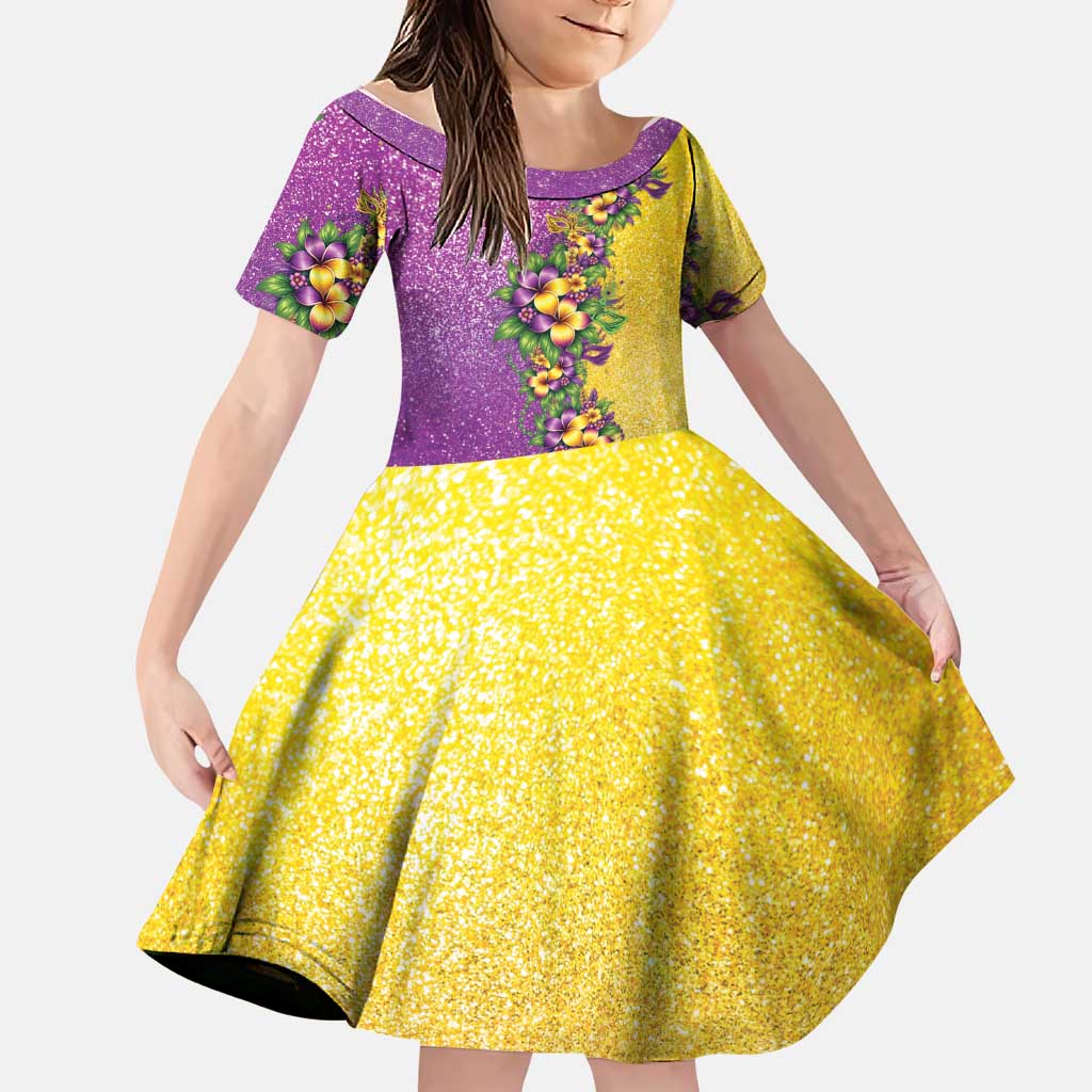 Hawaii Mardi Gras Family Matching Off Shoulder Maxi Dress and Hawaiian Shirt Plumeria Lei Beads Glitter Style LT05 Daughter's Dress Colorful - Polynesian Pride
