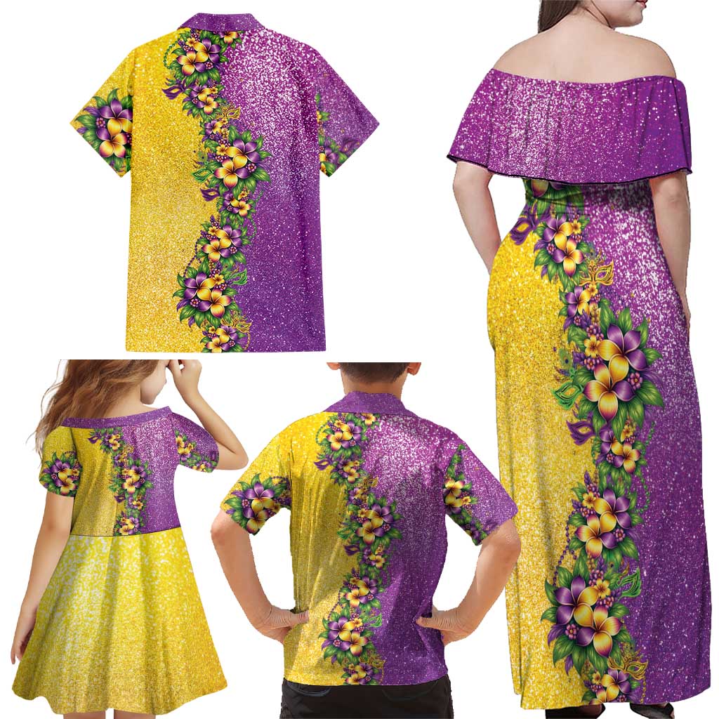 Hawaii Mardi Gras Family Matching Off Shoulder Maxi Dress and Hawaiian Shirt Plumeria Lei Beads Glitter Style LT05 - Polynesian Pride