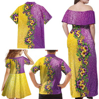 Hawaii Mardi Gras Family Matching Off Shoulder Maxi Dress and Hawaiian Shirt Plumeria Lei Beads Glitter Style LT05 - Polynesian Pride
