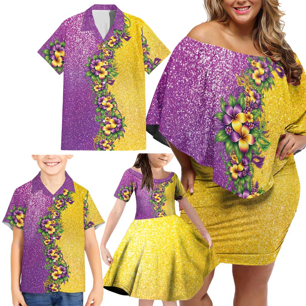 Hawaii Mardi Gras Family Matching Off Shoulder Short Dress and Hawaiian Shirt Plumeria Lei Beads Glitter Style LT05 - Polynesian Pride