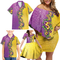 Hawaii Mardi Gras Family Matching Off Shoulder Short Dress and Hawaiian Shirt Plumeria Lei Beads Glitter Style LT05 - Polynesian Pride