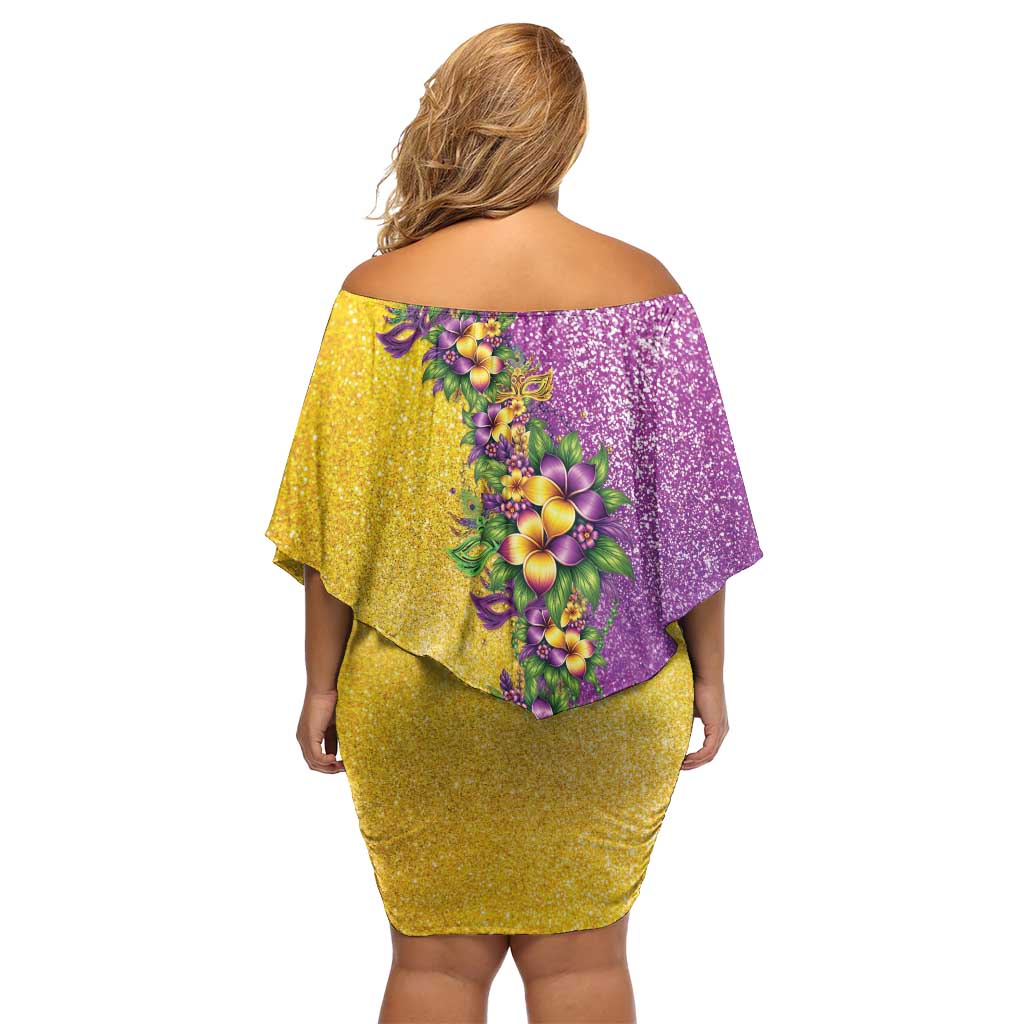 Hawaii Mardi Gras Family Matching Off Shoulder Short Dress and Hawaiian Shirt Plumeria Lei Beads Glitter Style LT05 - Polynesian Pride