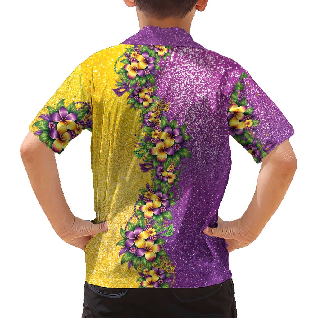 Hawaii Mardi Gras Family Matching Short Sleeve Bodycon Dress and Hawaiian Shirt Plumeria Lei Beads Glitter Style LT05 - Polynesian Pride