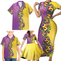 Hawaii Mardi Gras Family Matching Short Sleeve Bodycon Dress and Hawaiian Shirt Plumeria Lei Beads Glitter Style LT05 - Polynesian Pride