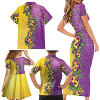 Hawaii Mardi Gras Family Matching Short Sleeve Bodycon Dress and Hawaiian Shirt Plumeria Lei Beads Glitter Style LT05 - Polynesian Pride