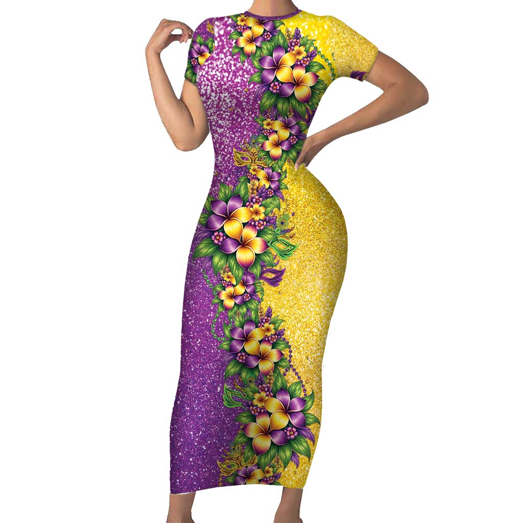Hawaii Mardi Gras Family Matching Short Sleeve Bodycon Dress and Hawaiian Shirt Plumeria Lei Beads Glitter Style LT05 Mom's Dress Colorful - Polynesian Pride