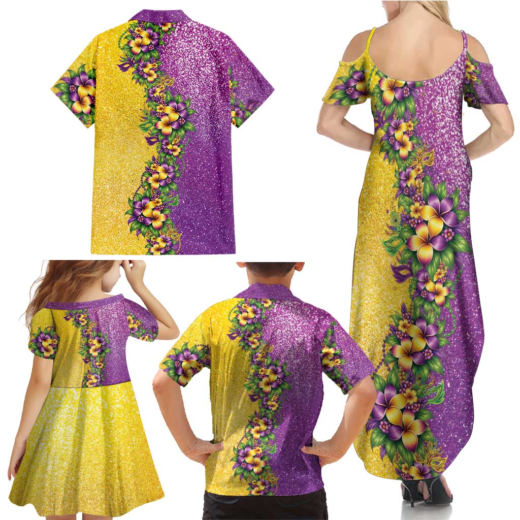 Hawaii Mardi Gras Family Matching Summer Maxi Dress and Hawaiian Shirt Plumeria Lei Beads Glitter Style LT05 - Polynesian Pride