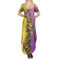 Hawaii Mardi Gras Family Matching Summer Maxi Dress and Hawaiian Shirt Plumeria Lei Beads Glitter Style LT05 - Polynesian Pride