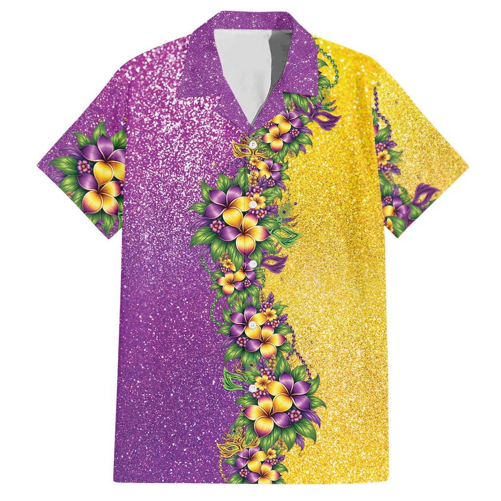 Hawaii Mardi Gras Hawaiian Shirt Plumeria Lei Beads Glitter Style
