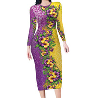 Hawaii Mardi Gras Long Sleeve Bodycon Dress Plumeria Lei Beads Glitter Style