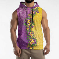 Hawaii Mardi Gras Sleeveless Hoodie Plumeria Lei Beads Glitter Style