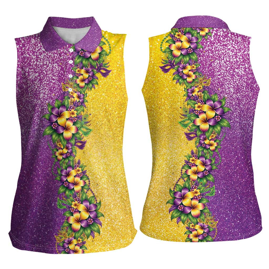 Hawaii Mardi Gras Women Sleeveless Polo Shirt Plumeria Lei Beads Glitter Style