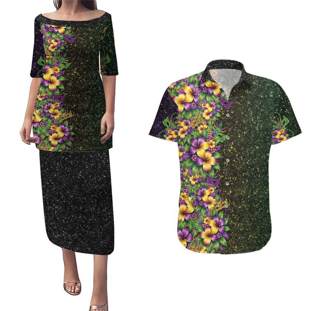 Hawaii Mardi Gras Couples Matching Puletasi and Hawaiian Shirt Tropical Flowers Glitter Style