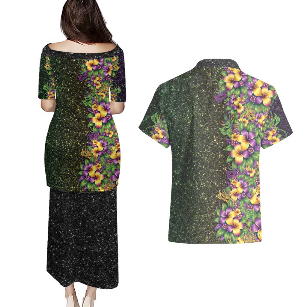 Hawaii Mardi Gras Couples Matching Puletasi and Hawaiian Shirt Tropical Flowers Glitter Style