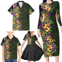 Hawaii Mardi Gras Family Matching Long Sleeve Bodycon Dress and Hawaiian Shirt Tropical Flowers Glitter Style LT05 - Polynesian Pride