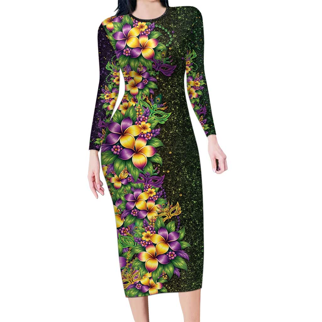 Hawaii Mardi Gras Family Matching Long Sleeve Bodycon Dress and Hawaiian Shirt Tropical Flowers Glitter Style LT05 Mom's Dress Black - Polynesian Pride