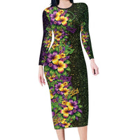 Hawaii Mardi Gras Family Matching Long Sleeve Bodycon Dress and Hawaiian Shirt Tropical Flowers Glitter Style LT05 Mom's Dress Black - Polynesian Pride