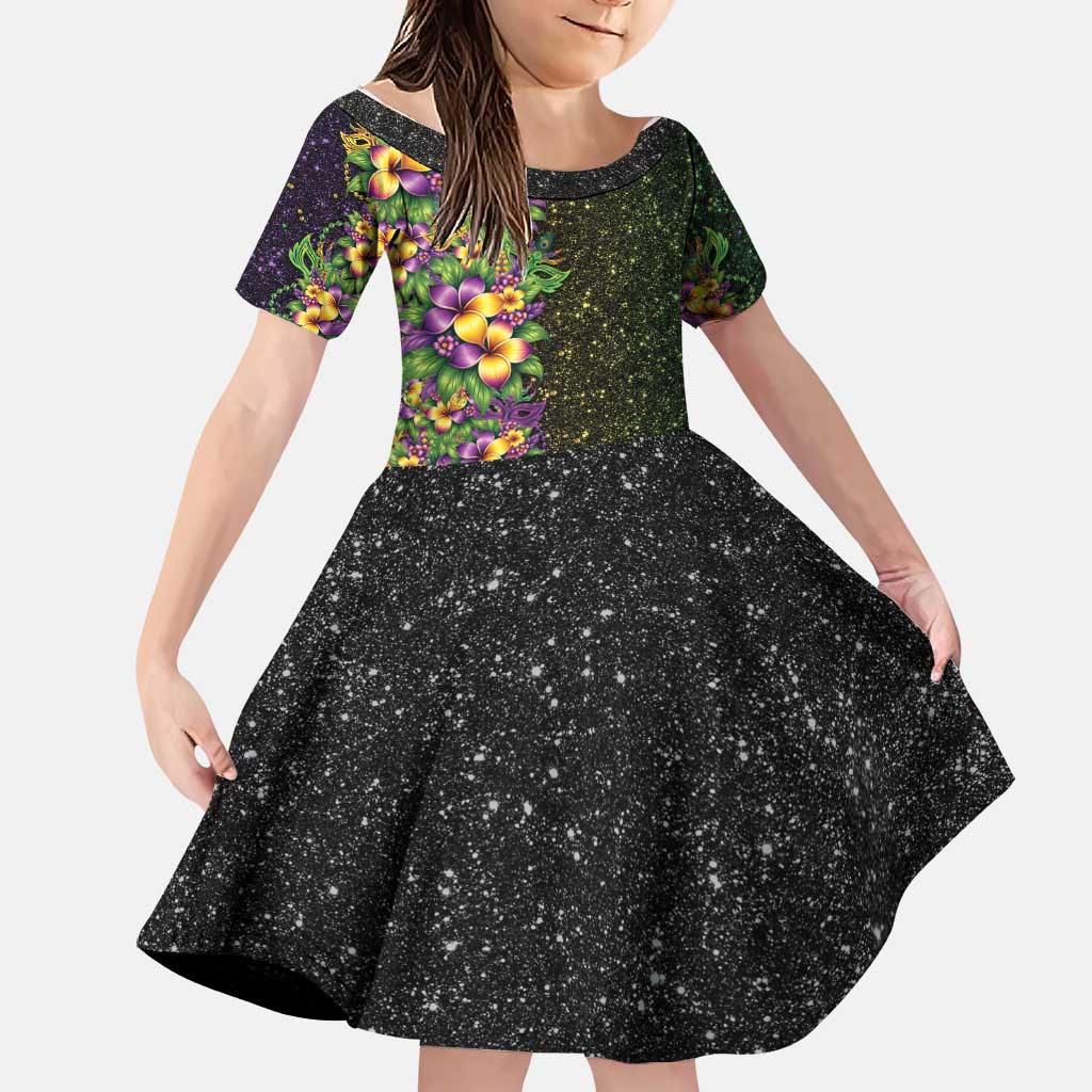 Hawaii Mardi Gras Family Matching Off The Shoulder Long Sleeve Dress and Hawaiian Shirt Tropical Flowers Glitter Style LT05 Daughter's Dress Black - Polynesian Pride