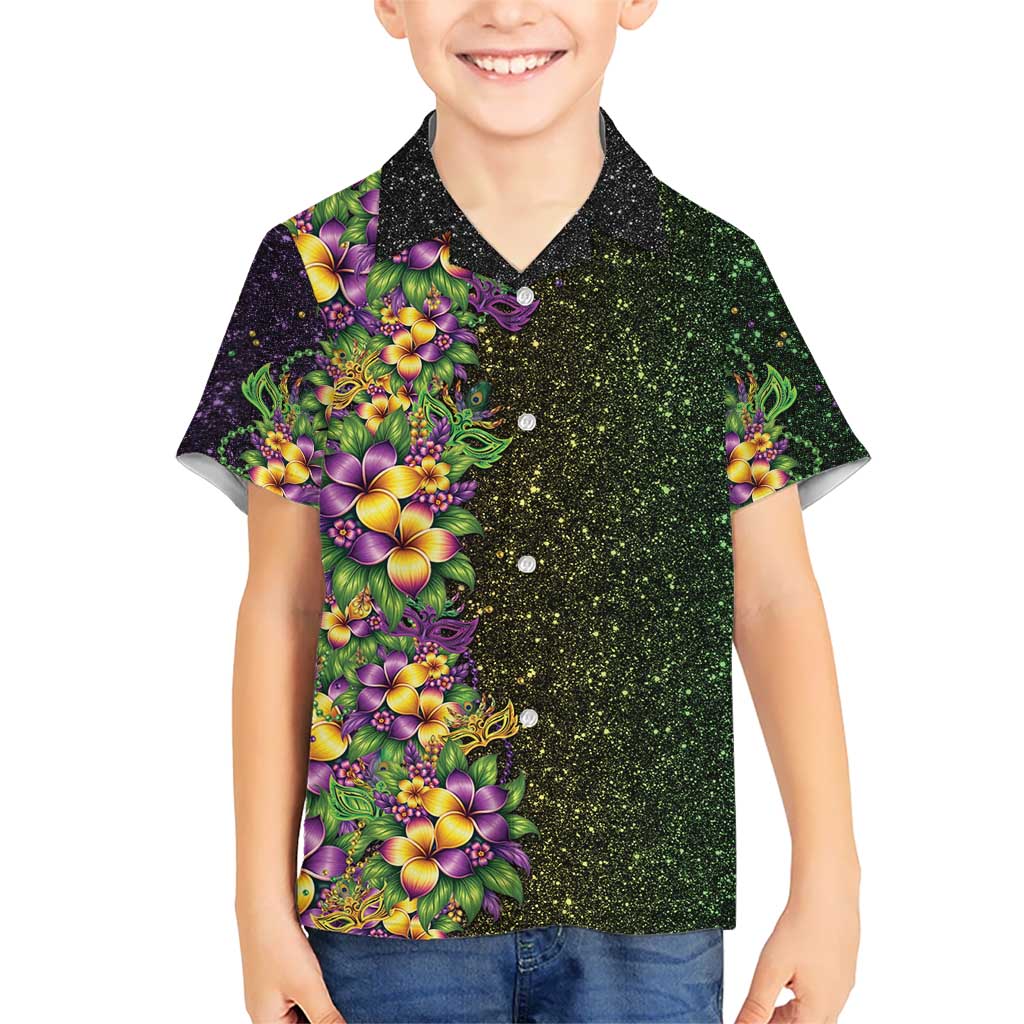 Hawaii Mardi Gras Family Matching Off The Shoulder Long Sleeve Dress and Hawaiian Shirt Tropical Flowers Glitter Style LT05 Son's Shirt Black - Polynesian Pride