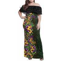 Hawaii Mardi Gras Family Matching Off Shoulder Maxi Dress and Hawaiian Shirt Tropical Flowers Glitter Style LT05 Mom's Dress Black - Polynesian Pride