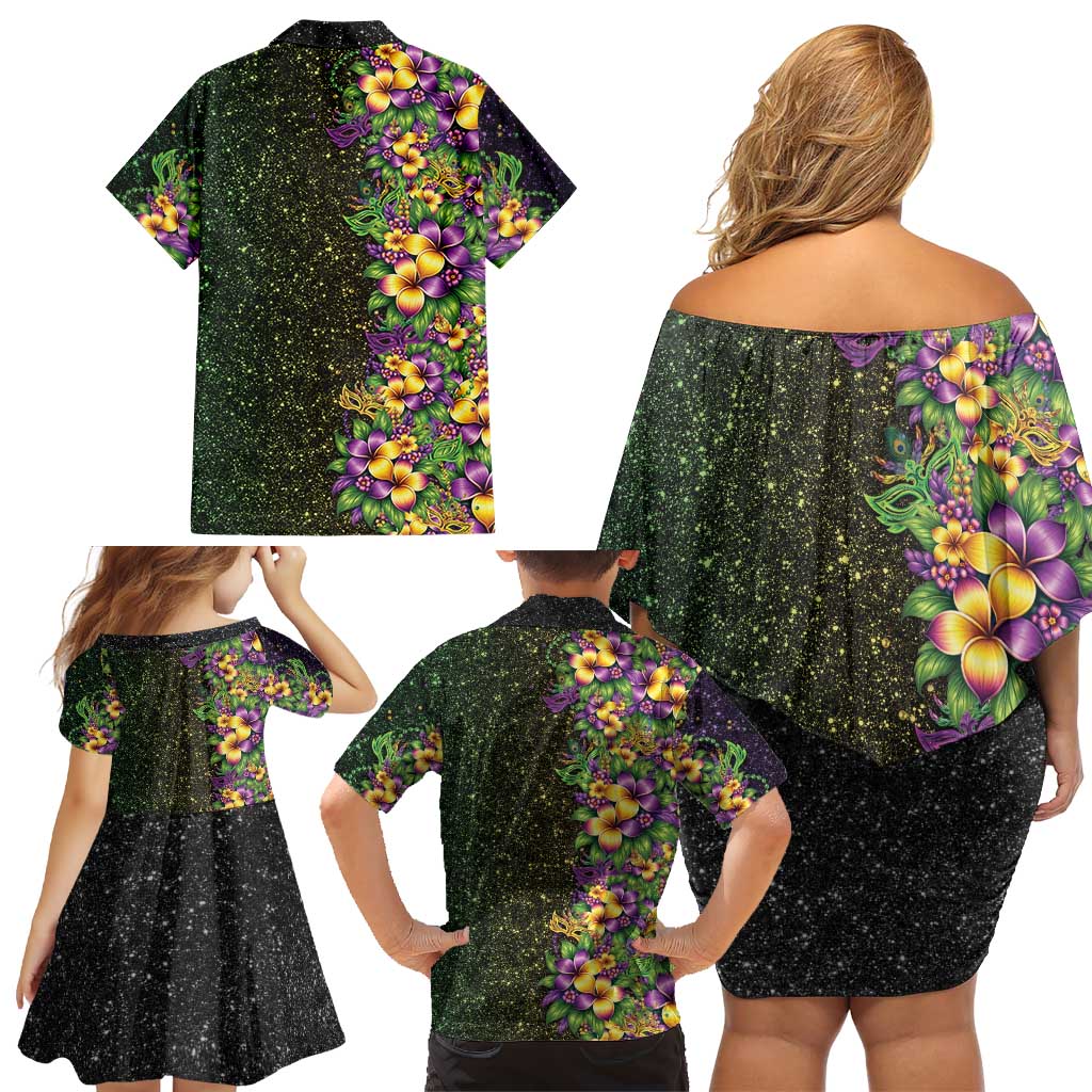 Hawaii Mardi Gras Family Matching Off Shoulder Short Dress and Hawaiian Shirt Tropical Flowers Glitter Style LT05 - Polynesian Pride