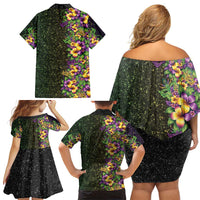 Hawaii Mardi Gras Family Matching Off Shoulder Short Dress and Hawaiian Shirt Tropical Flowers Glitter Style LT05 - Polynesian Pride