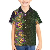 Hawaii Mardi Gras Family Matching Off Shoulder Short Dress and Hawaiian Shirt Tropical Flowers Glitter Style LT05 Son's Shirt Black - Polynesian Pride
