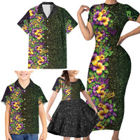Hawaii Mardi Gras Family Matching Short Sleeve Bodycon Dress and Hawaiian Shirt Tropical Flowers Glitter Style LT05 - Polynesian Pride