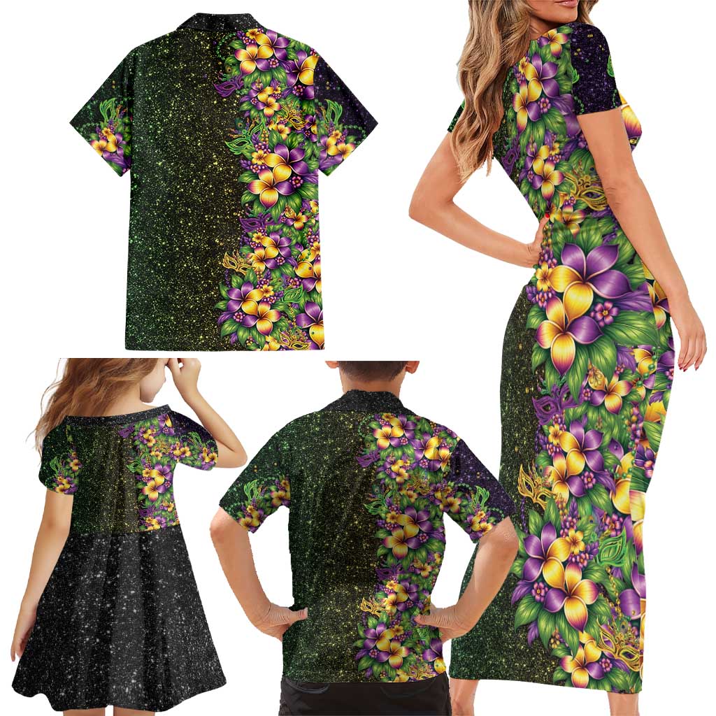 Hawaii Mardi Gras Family Matching Short Sleeve Bodycon Dress and Hawaiian Shirt Tropical Flowers Glitter Style LT05 - Polynesian Pride