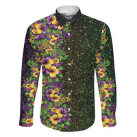 Hawaii Mardi Gras Family Matching Summer Maxi Dress and Hawaiian Shirt Tropical Flowers Glitter Style LT05 Dad's Shirt - Long Sleeve Black - Polynesian Pride