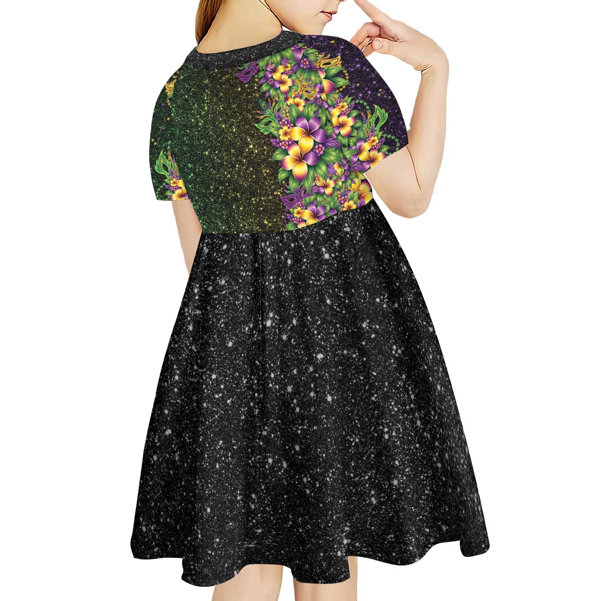 Hawaii Mardi Gras Kid Short Sleeve Dress Tropical Flowers Glitter Style