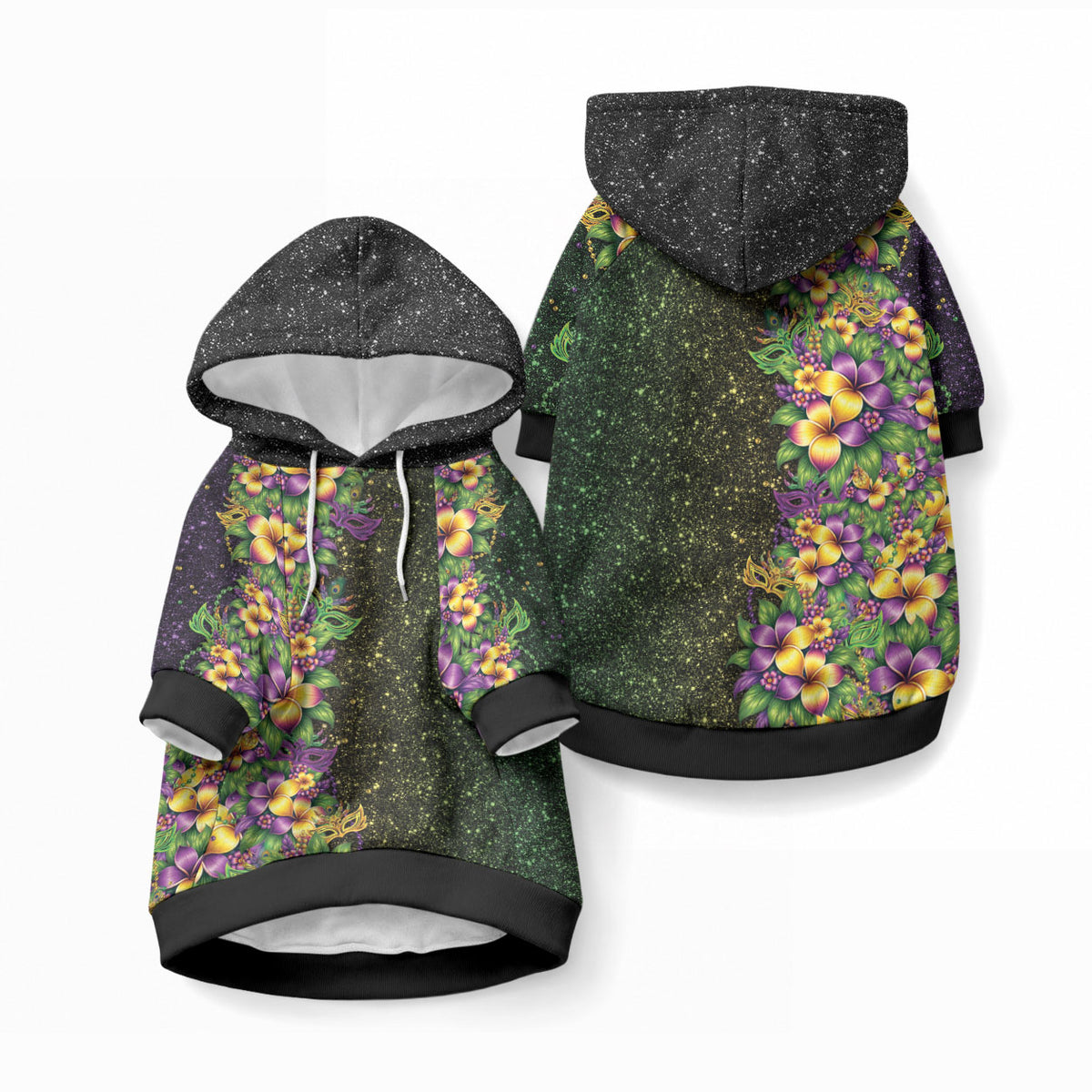 Hawaii Mardi Gras Pet Hoodie Tropical Flowers Glitter Style LT05 Pullover Black - Polynesian Pride